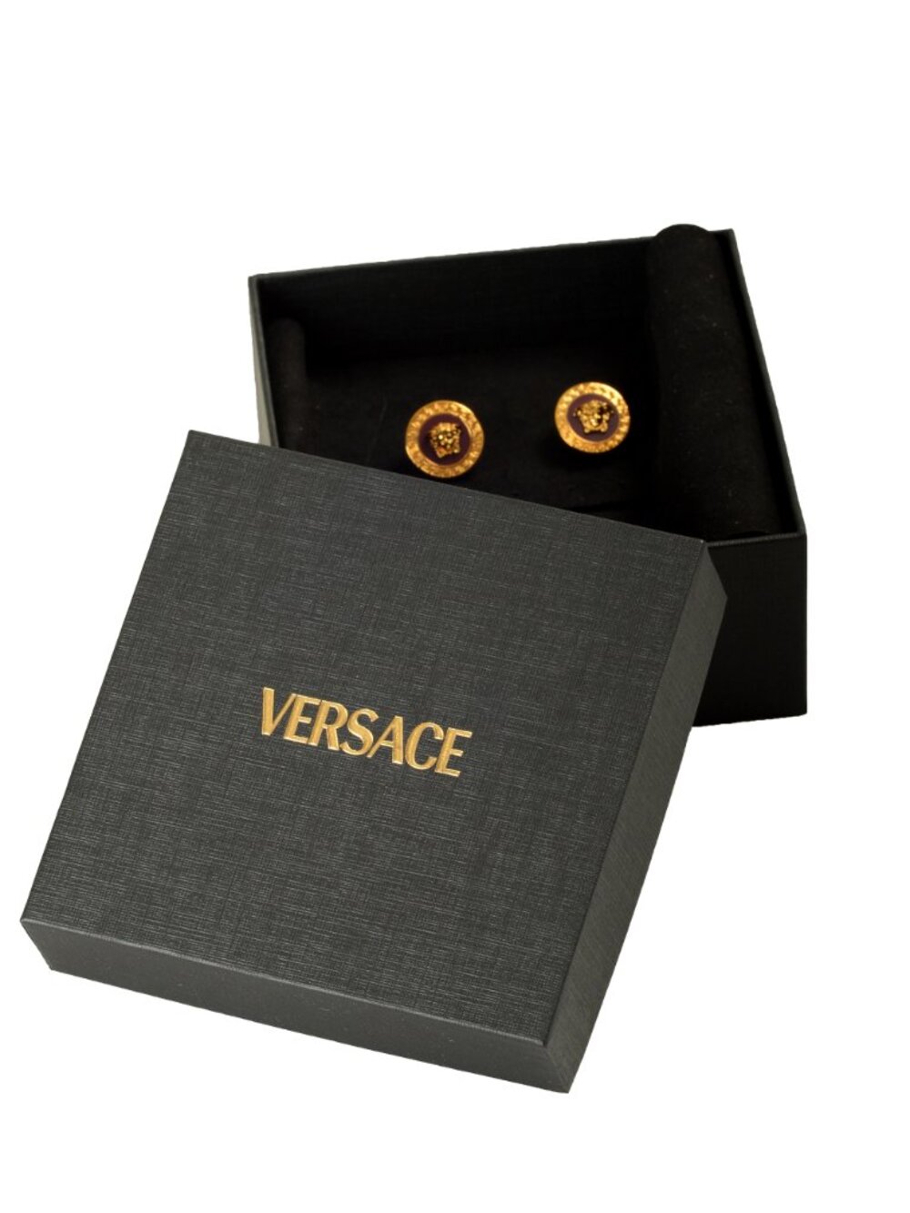 Versace Bordeaux Enamel Gold Color Metal Medusa Round Earrings - Picture 4 of 4